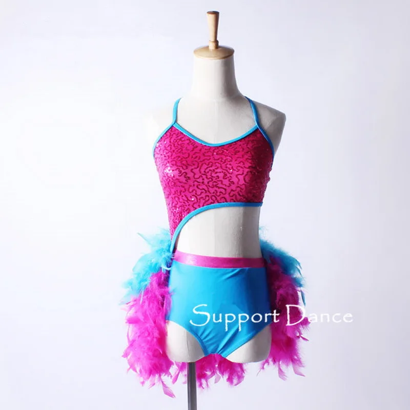 

Girls Women Feather Flower Sexy Camisole Latin Dress Kids Adult Sequin Modern Dance Costume C133