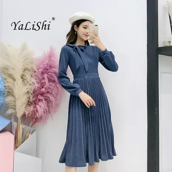 

Autumn Women Solid Pleated Dress Black Blue Full Sleeve O-neck Bow Knee-length Elegant Vintage Dress Party Club Dresses Ladies