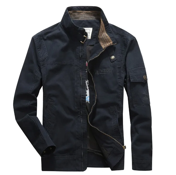 Navy Blue Повседневные хлопковые куртки для мужчин, большие размеры, осенне-весеннее пальто, мужские карманы, длинный рукав, воротник-стойка, на молнии, модный тонкий крой Xl5109 - Color: Navy Blue