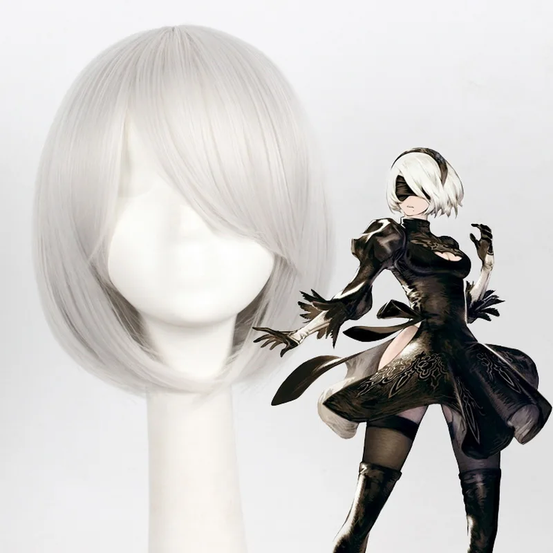

Tsuki NieR Automata 2B Short Silver White Wig Cosplay Costume Party Play Synthetic Hair Wigs For Women