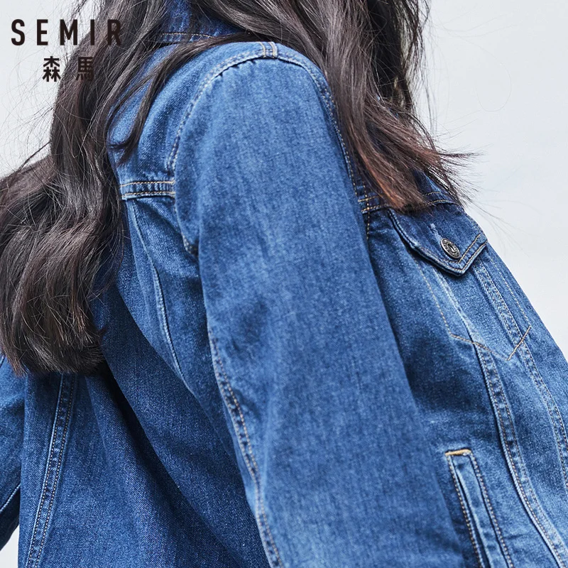 SEMIR Women 100% Cotton Short Denim Jacket with Collar Girl Boyfriend Denim Jacket with Chest Pocket and Slant Pocket Chic Style