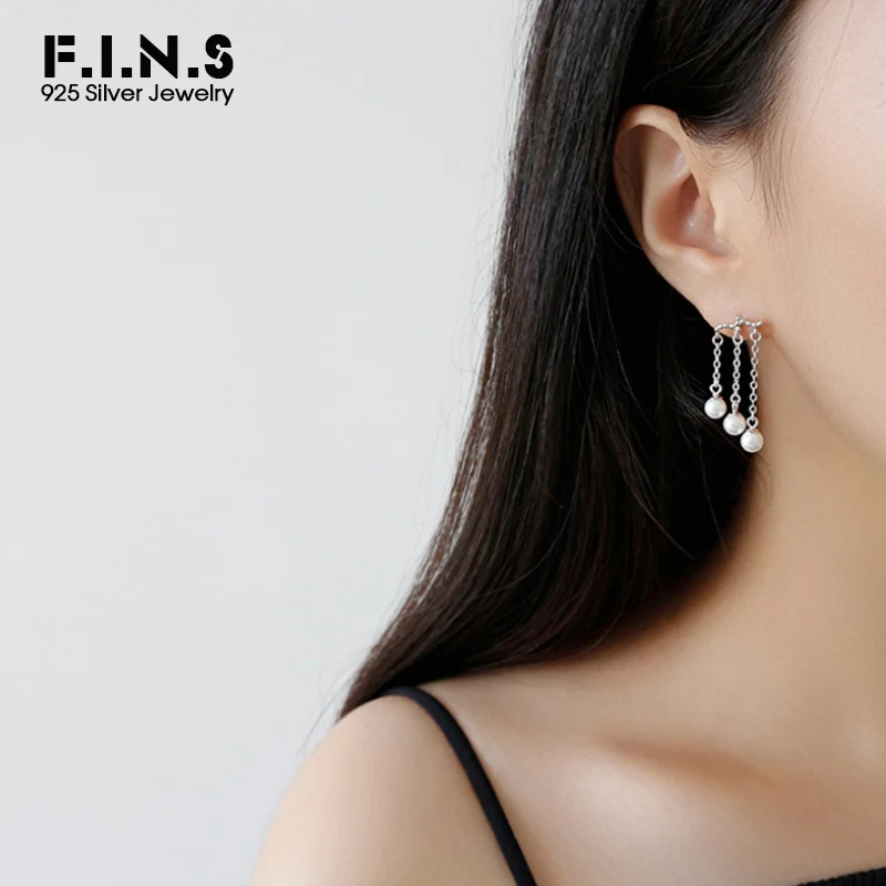 

F.I.N.S New Fashion 3 Lines Tassels Long Earrings with Pearl Elegant 925 Sterling Silver Hanging Earrings For Women Fine Jewelry