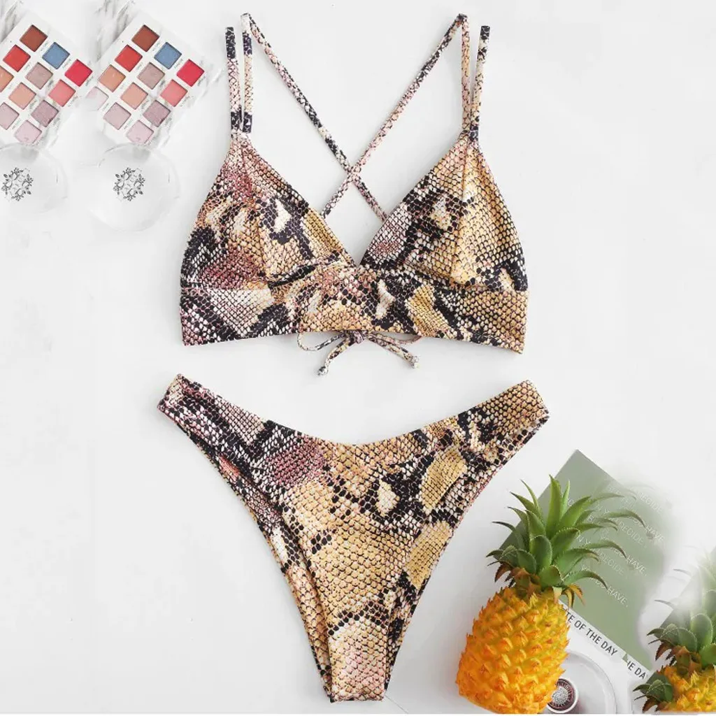

bikini Women Snake Skin High Cut V Neck Two Pieces Bikini Swimwear Swimsuit Beachwear swimwear women tankini swimsuit women#8