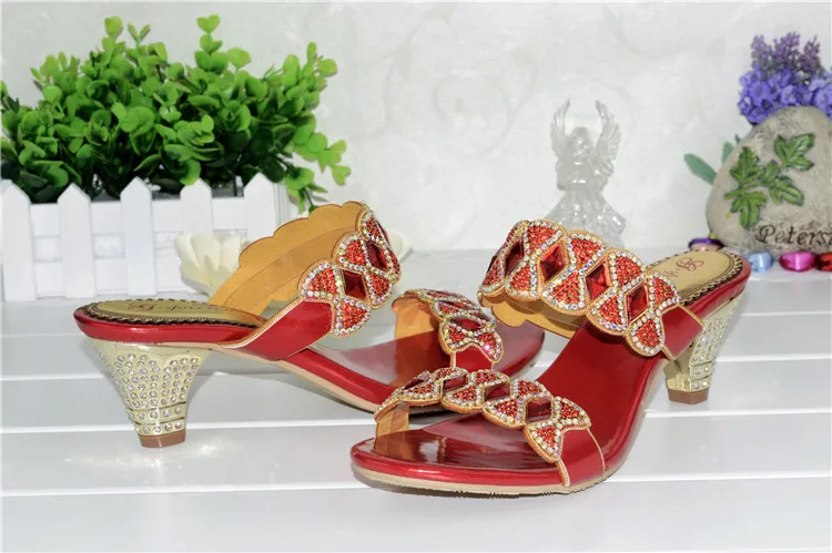 2017 Summer Womens Shoes High-heeled Slippers Sexy Sweet Diamonds Sandals Female Red 6cm-6
