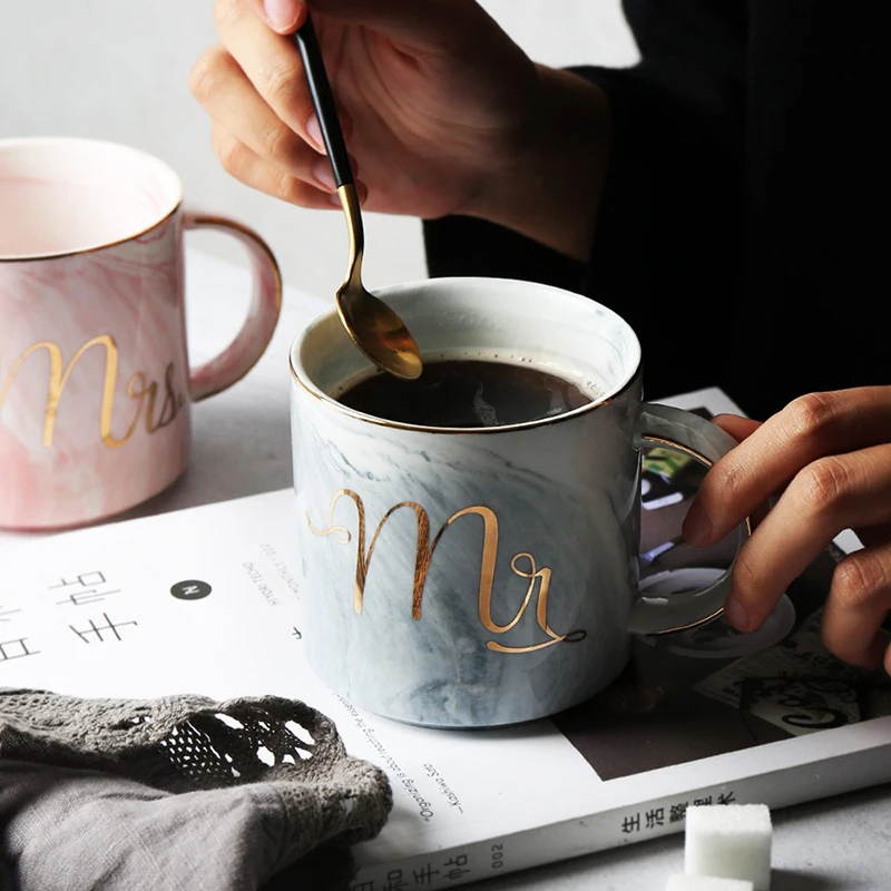 

MR/MRS Ceramic Mug Pink Gray Porcelain Anti-hot Breakfast Milk Coffee Tea Gift Cup Drinkware Mugs