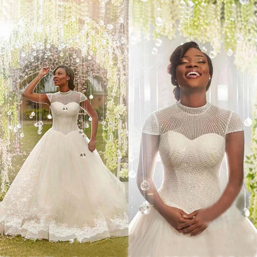 

Fansmile 2019 The Latest Luxury Beaded African Ball Gown Wedding Dress Cap Sleeve Bridal Customized Vestido De Noiva FSM-534T