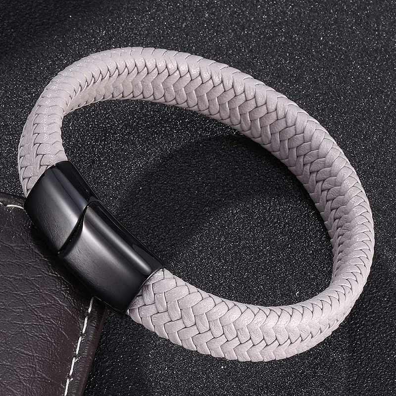

Fashion Gray Leather Braided Men Bracelet Bangles 3 Colors Magnetic Clasps Male Wrist Band Trendy Jewelry Bracelets Gifts 0007