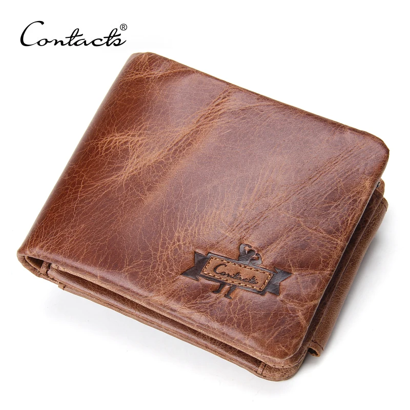 CONTACT'S Genuine Crazy Horse Leather Men Wallets Vintage Trifold Wallet Zip Coin Pocket Purse Cowhide Leather Wallet For Mens