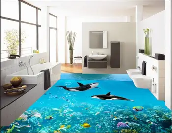 

3 d pvc flooring custom waterproof wall sticker Dolphins underwater world 3d bathroom flooring photo wallpaper for walls 3d