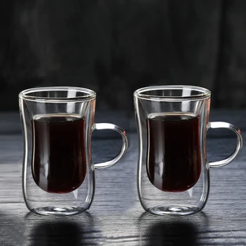 

2pcs 80ml Double-layer Glass Coffee Cup European-style Coffee Mug with Handle Espresso Coffee Cups Cafe Glass