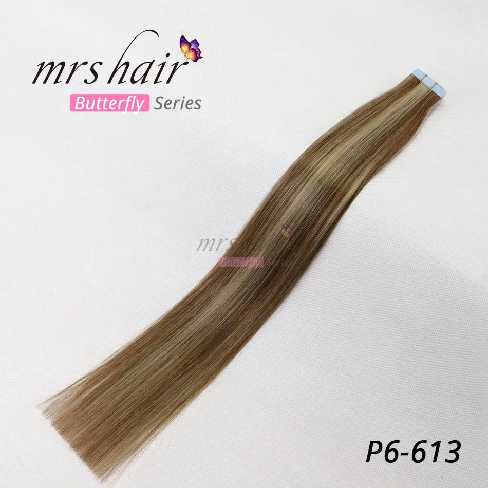 MRSHAIR ленты в Пряди человеческих волос для наращивания 1" 18" 2" 22" 2" 20 штук не Реми прямо бразильский волос на Невидимый ленты PU кожа утка - Цвет: # P6/613