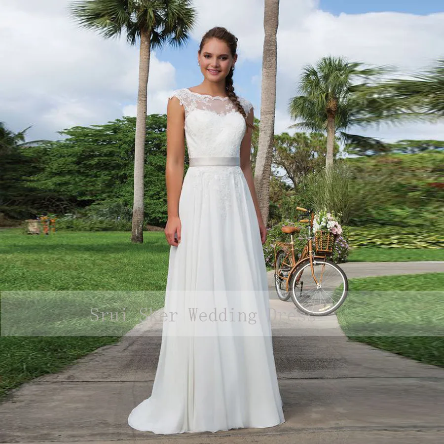 

Fairy Lace Chiffon Wedding Dress A-Line Tulle and Lace Slim Dress Scoop Neckline Beautiful Back with Bow