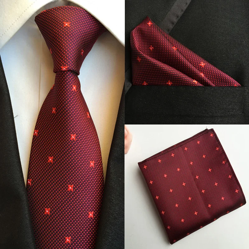 

Factory Seller Classic Tie Handkerchief Set Men's 100% Silk Necktie Hanky Red Blue Houndstooth Dots Wedding Party Banquet Suit
