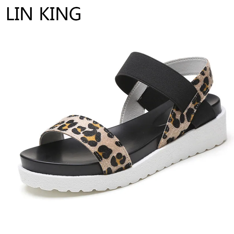 

LIN KING New Thick Sole Leopard Sandals Women Summer Slip On Shoes Ladies Peep-toe Wedges Shoes Roman Sandals Mujer Sandalias