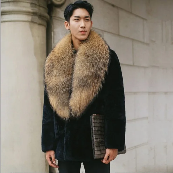 

Fashion Men's Artificial Fur Coat 2019 Winter Warm Outerwear With Mink Fur Collar Long Sleeve Faux Fur Coat Jackets XL644