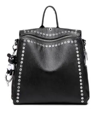 IMIDO, новинка, женский рюкзак, брендовый, дизайнерский, из мягкой кожи, черный, рюкзаки для девочек, с заклепками, сумка с медведем, шарм, mochila feminina SLD054 - Цвет: Large black