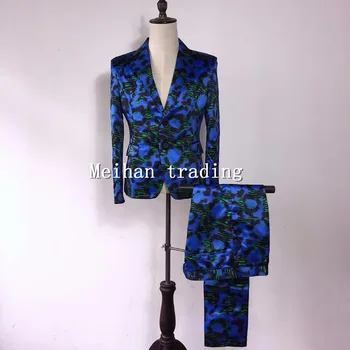 

Fashion Korean Version Men's Suits Set Blue Zebra Printed Male Skinny Blazer Trousers Costume Performance Printing Suits