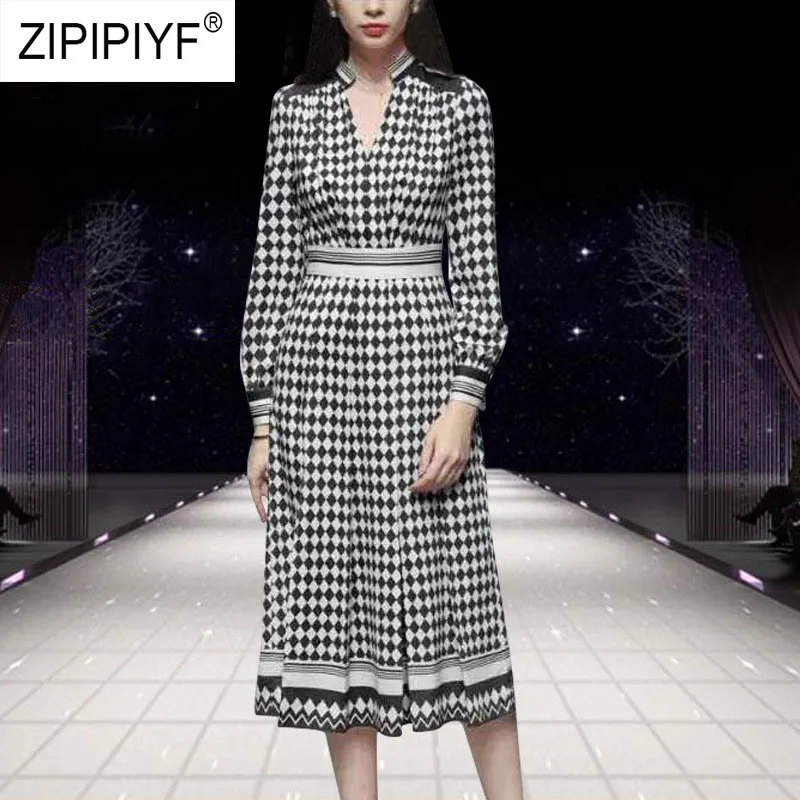 

2019 New Women Dress Casual V-Neck Long Sleeve Knee-Length Dress A-Line Bodycon Elegant Fashion Printing Female Dresses K595