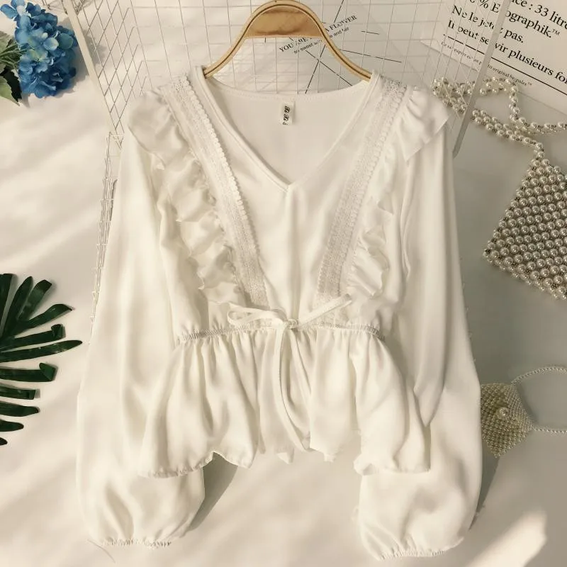 Женская блуза с оборками на завязках и v-образным вырезом, кружевная винтажная блуза в стиле пэчворк, весна-лето, однотонная тонкая Модная рубашка ZY4460