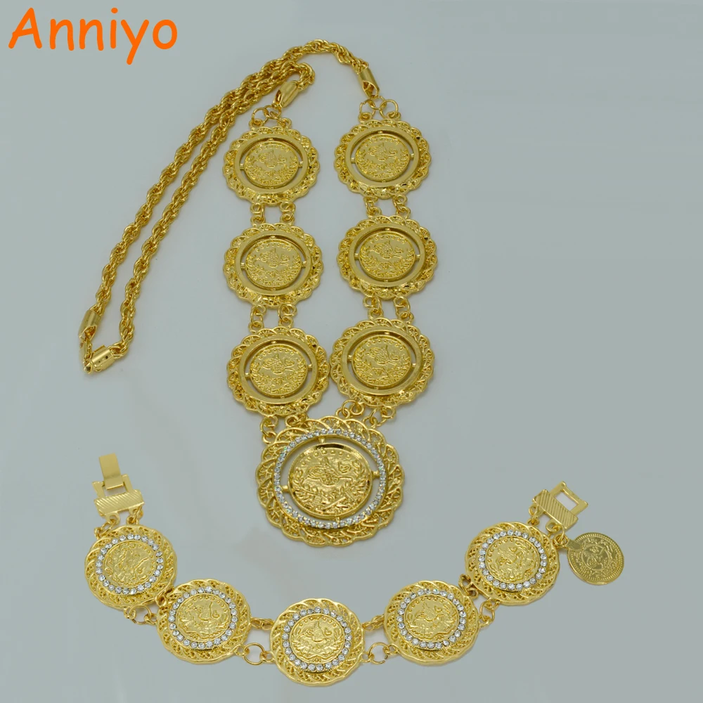 Anniyo Coin sets Jewelry 67cm Long Necklace and Bracelet Turkey Coin Necklaces Gold Color Middle East Turks Bangle #011806B frommer s® portable turks