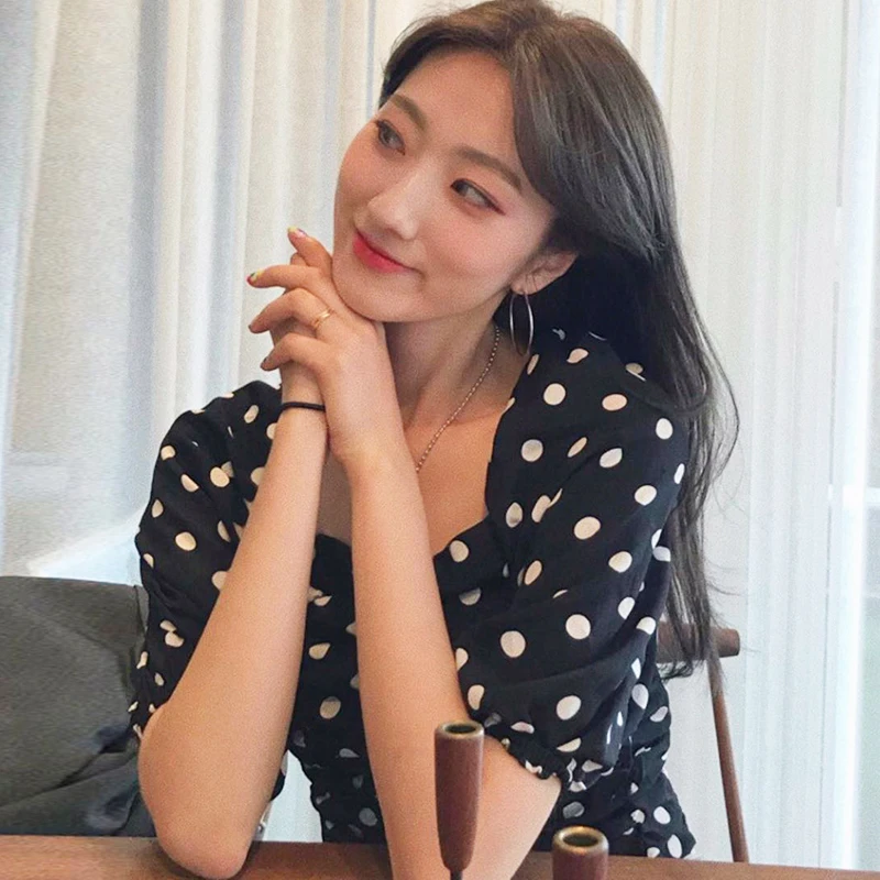 

Polka Dots Blouse Slim Fit Square Neck Classic Puff Sleeve Shirt Women Top Cropped Chemise Femme Chemisier Blusa Mujer Camisa