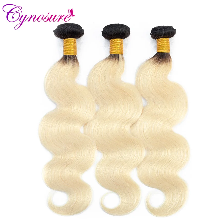 Cynosure Brazilian Hair Weave 3 Bundles with Closure 1b 613 Dark Roots Blonde Body Wave Human Hair Bundles with Closure NonRemy