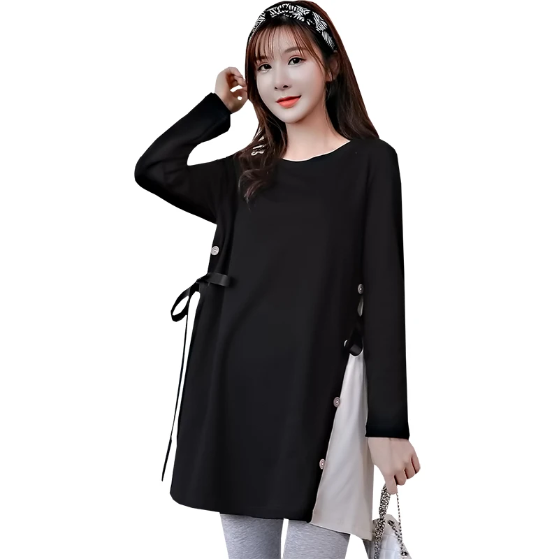 803# Осенняя корейская мода для беременных рубашки трапециевидной формы свободная одежда с боковыми разрезами для беременных женщин с длинным рукавом Топы для беременных