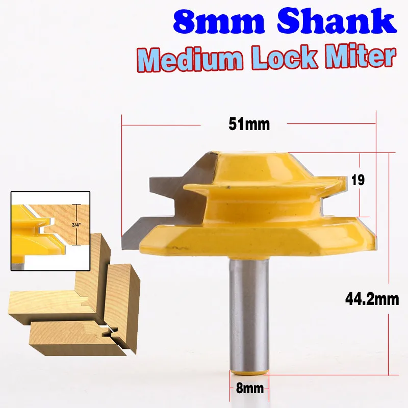 1PC 8mm Shank Medium Lock Miter Router Bit 45 Degree 3 4 Stock Woodworking Milling Cutter