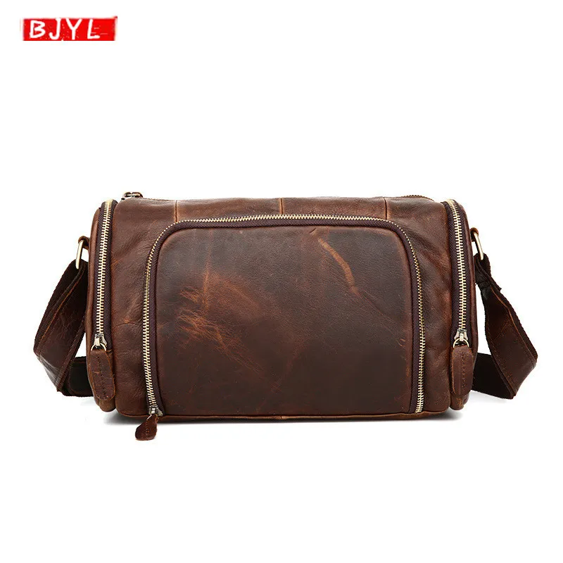 

2019 New Genuine Leather men's handbags fashion casual retro shoulder messenger bag crazy horse leather men crossbody Bucket bag