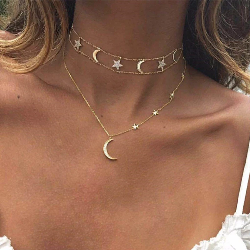 

Miss JQ Simple Moon Star Necklace for Women Gold Silver Chain Moon Small Choker Necklace Pendant Bohemian Necklace Jewelry