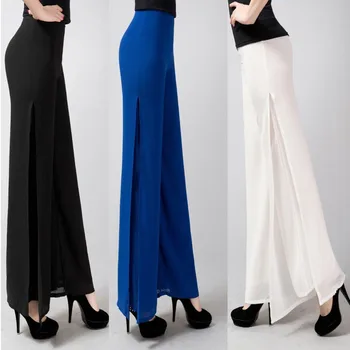 

2019 Summer Ladies Baggy Pants Women Casual Wide Leg Pants Solid High Waist Side Split Chiffon Pants