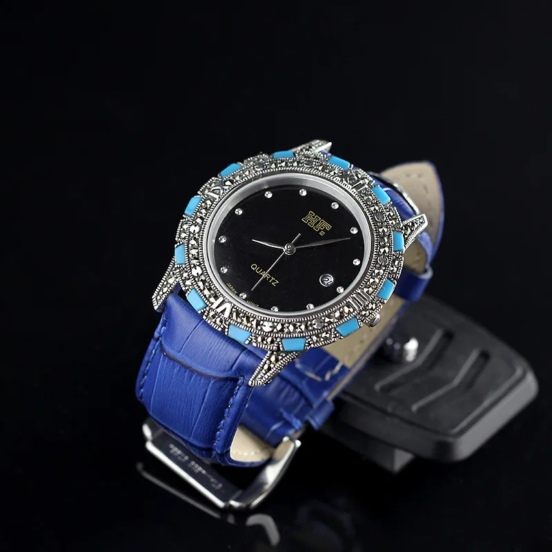 

S925 Silver Inlaid Marcasite Turquoise Dial Men Watch