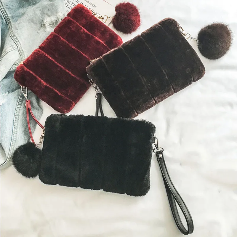 

New Arrival Winter Women Clutch Bag Plush Pompon Solid Color Handbag Ladies Evening Party Envelope Bags