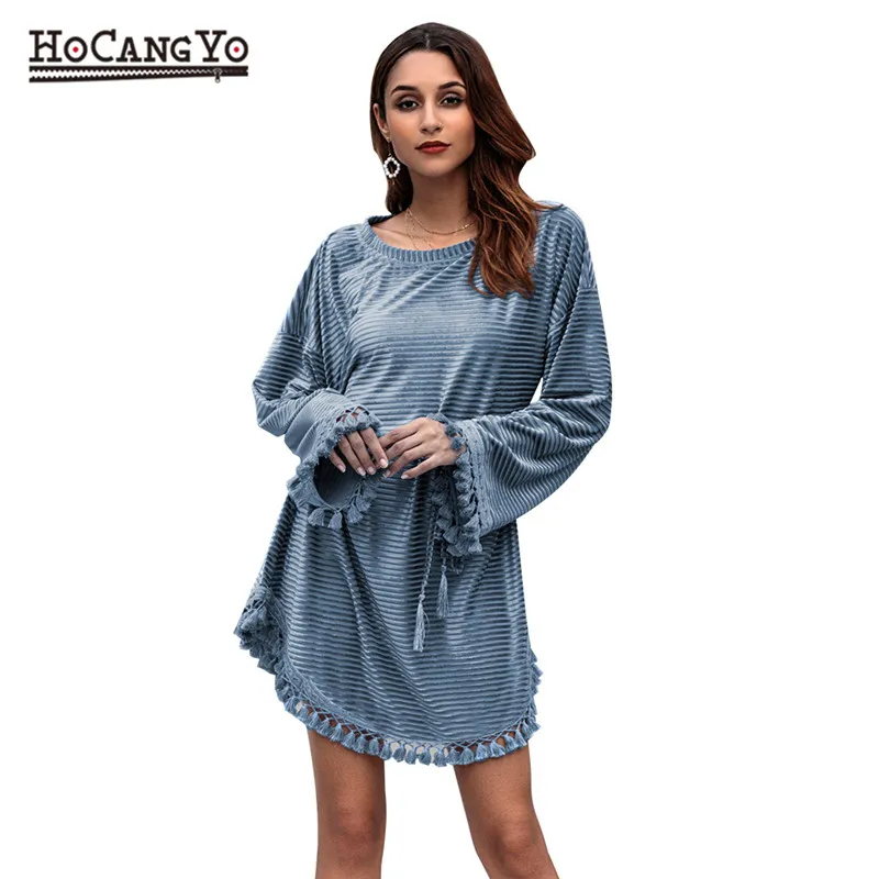 

HCYO Korean Autumn Winter Dress Tunic Ladies O Neck Long Sleeve Tassel Knee-length Dress Casual Velvet Women Dress With Belt