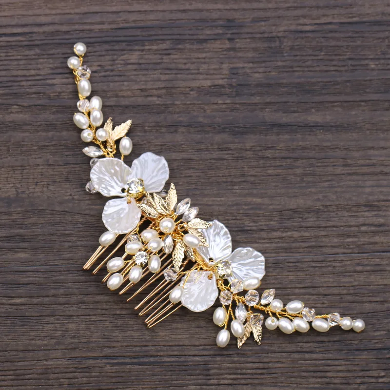 

Handmade Pearl Hair Comb Shell Flower Bride Headdress Hairpins Gold Metal Leaf Headpiece Women Wedding Hair Accessoies Jewelry