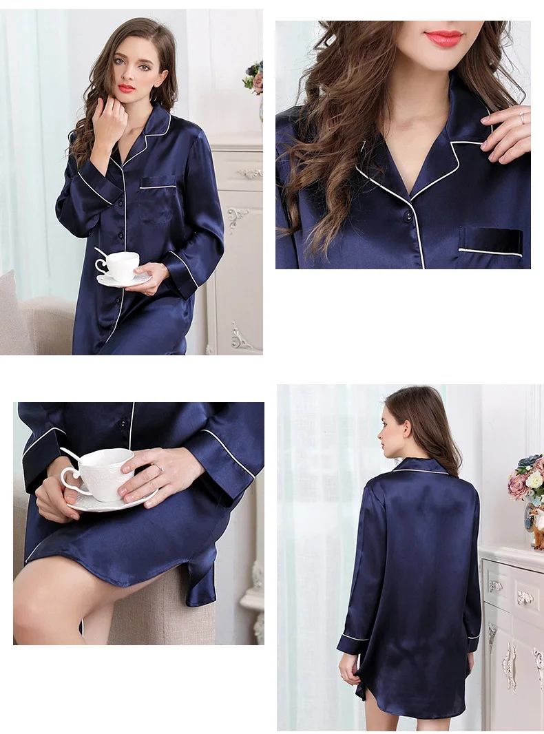 Однотонные шелковые атласные женские длинные топы для сна с длинным рукавом лазурный/темно-синий/светильник фиолетовый/розовый пижамы sp0063