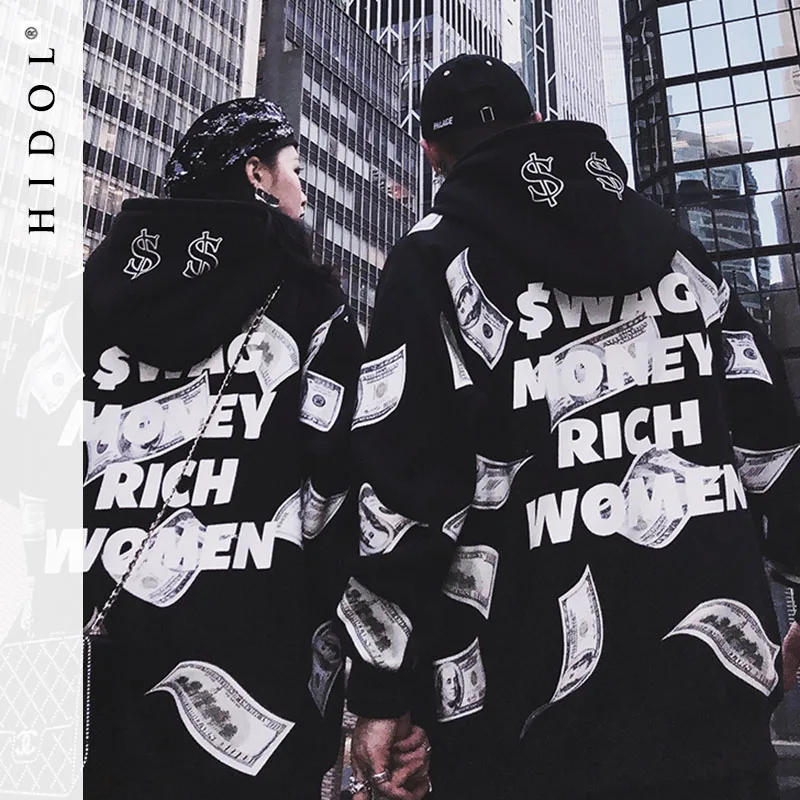 

Thick Fleece Oversize Hip Hop Swag Hoodie Rich $ US Money Print Pullover Sweatshirt Hoody Men Loose Streetwear Brand Rap Black