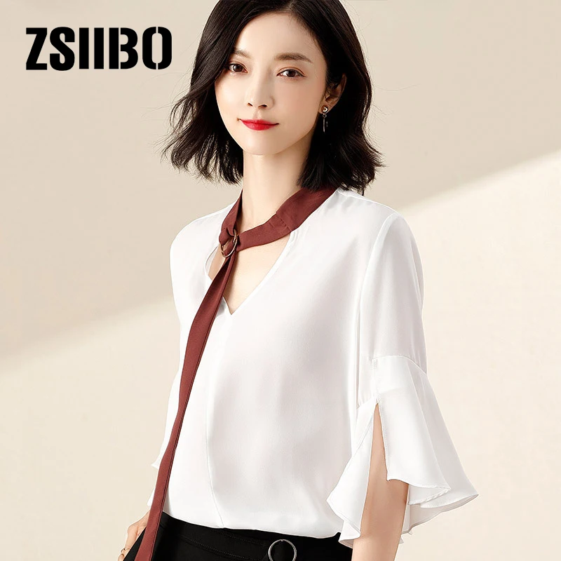 

2019 Summer Elegant Women Blouse Fashion Bandage Butterfly Three Quarter Sleeve Ladies Work White Shirt Sexy V Neck Clothes