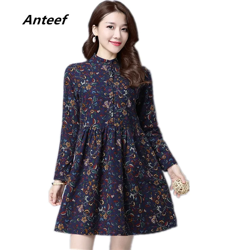 

long sleeve cotton linen vintage floral women casual loose mini autumn spring dress elegant vestidos clothes 2019 dresses