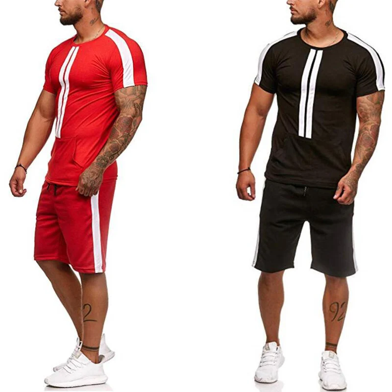

Summer Men's Sets T Shirts+Shorts Two Pieces Sets Casual Striped patchwork Tracksuit 2019 Plus size Gyms Fitness Sportwear set