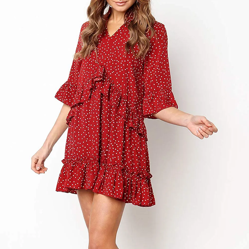 

Women V-Neck Polka Dot Dress Red Ladies Ruffles Mini Dress Fashion Women Dress Vestidos 2019