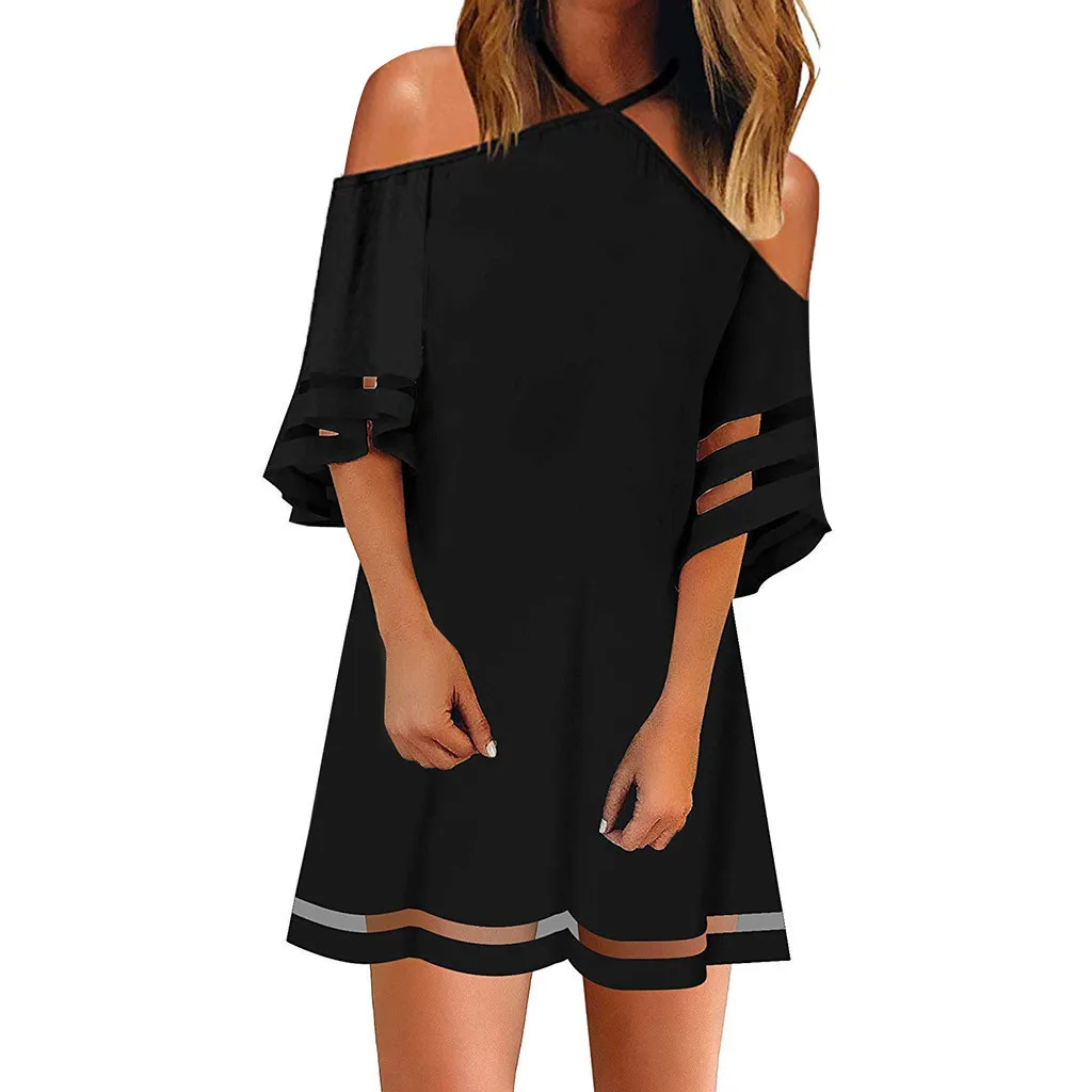 

Dress Women's Cold Shoulder Mesh Panel Blouse 3/4 Bell Sleeve Loose Top Shirt Dress Vestidos Robe Femme Sundress e711