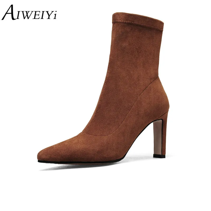 

AIWEIYi Women Mid Calf Boots Suede Leather Slip On Stiletto High Heels Platform Shoes Stretchy Half Knee Boots Botas Shoes