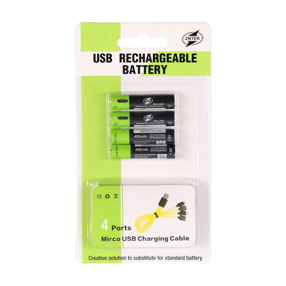 

ZNTER 4PCS AAA Battery 400mAh AAA 1.5V Toys Remote controller batteries with Mirco USB Rechargeable Battery