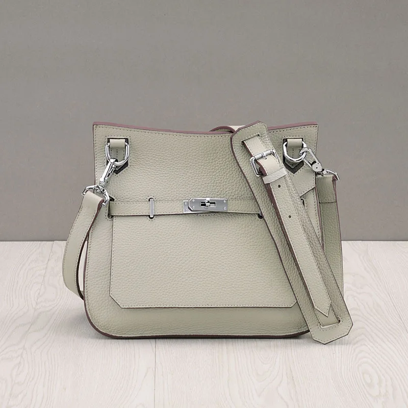 EsMussSein, женская сумка через плечо, натуральная кожа, с рисунком личи, сумочка, роскошный бренд, маленькая сумка-мессенджер, с замком, женская сумка на плечо - Цвет: Gray