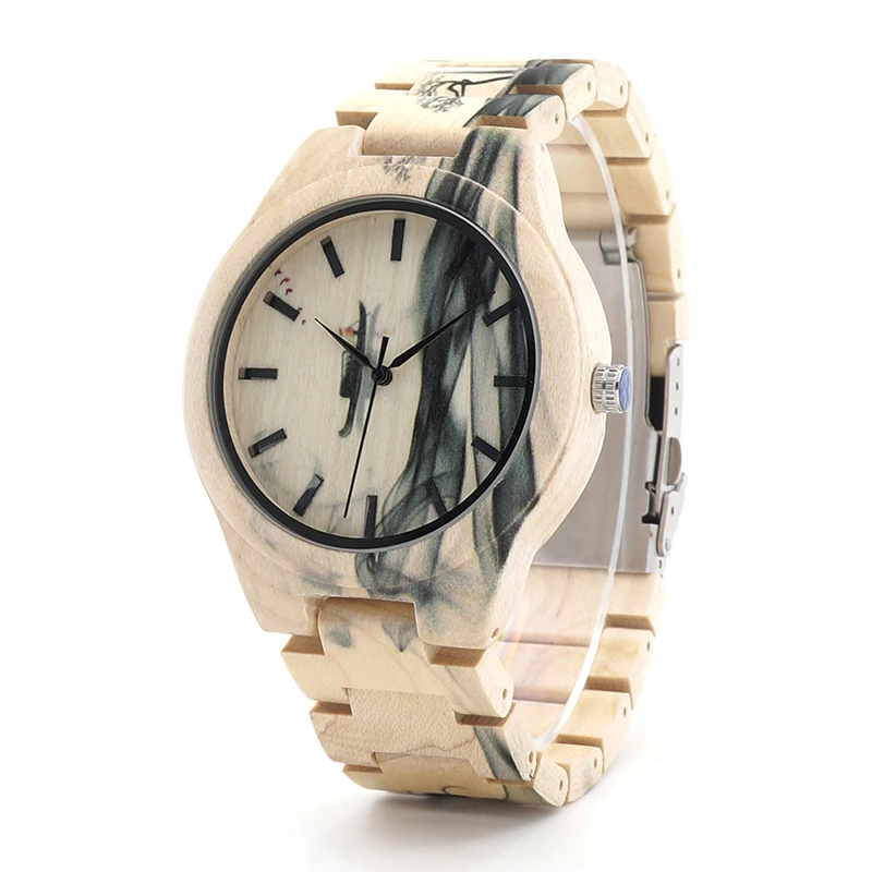 BOBO BIRD Mens Watch Ink Painting Design All Maple Wood Watches for Males in Wooden Gift box