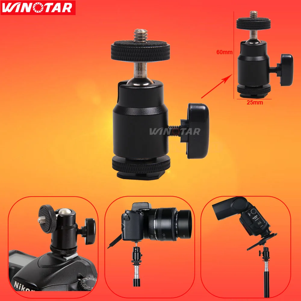 

Mini Ball Head Hot Shoe Adapter Mount 360 Degree 1/4" Screw for Canon Nikon DSLR Camera Tripod, LED Video Light, Microphone