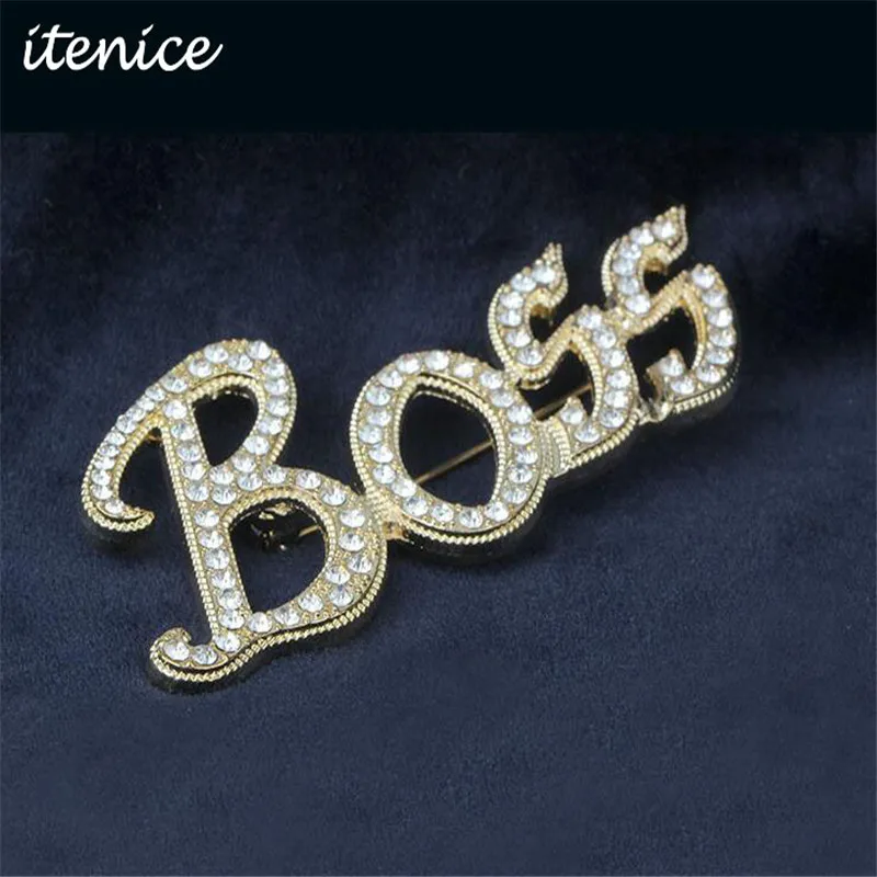

Itenice 2019 New Fashion Jewelry Brand Classic Trendy Style Word Of Boss Crystal Metal Brooch For Wonder Boys