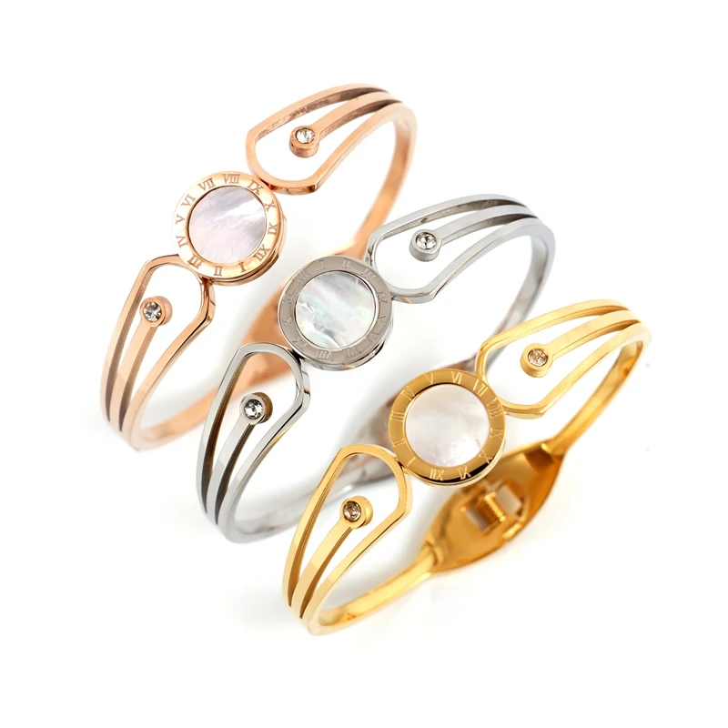 Розовое золото цвет римские цифры браслеты круглые открытые манжеты кристалл браслет двойной формы для женщин Роскошные брендовые ювелирные изделия браслеты