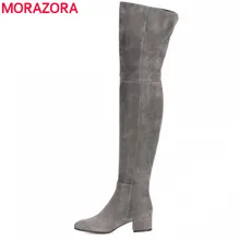 MORAZORA/; брендовые модные сапоги; женские Сапоги выше колена из высококачественной искусственной замши; женские зимние сапоги до бедра на квадратном каблуке